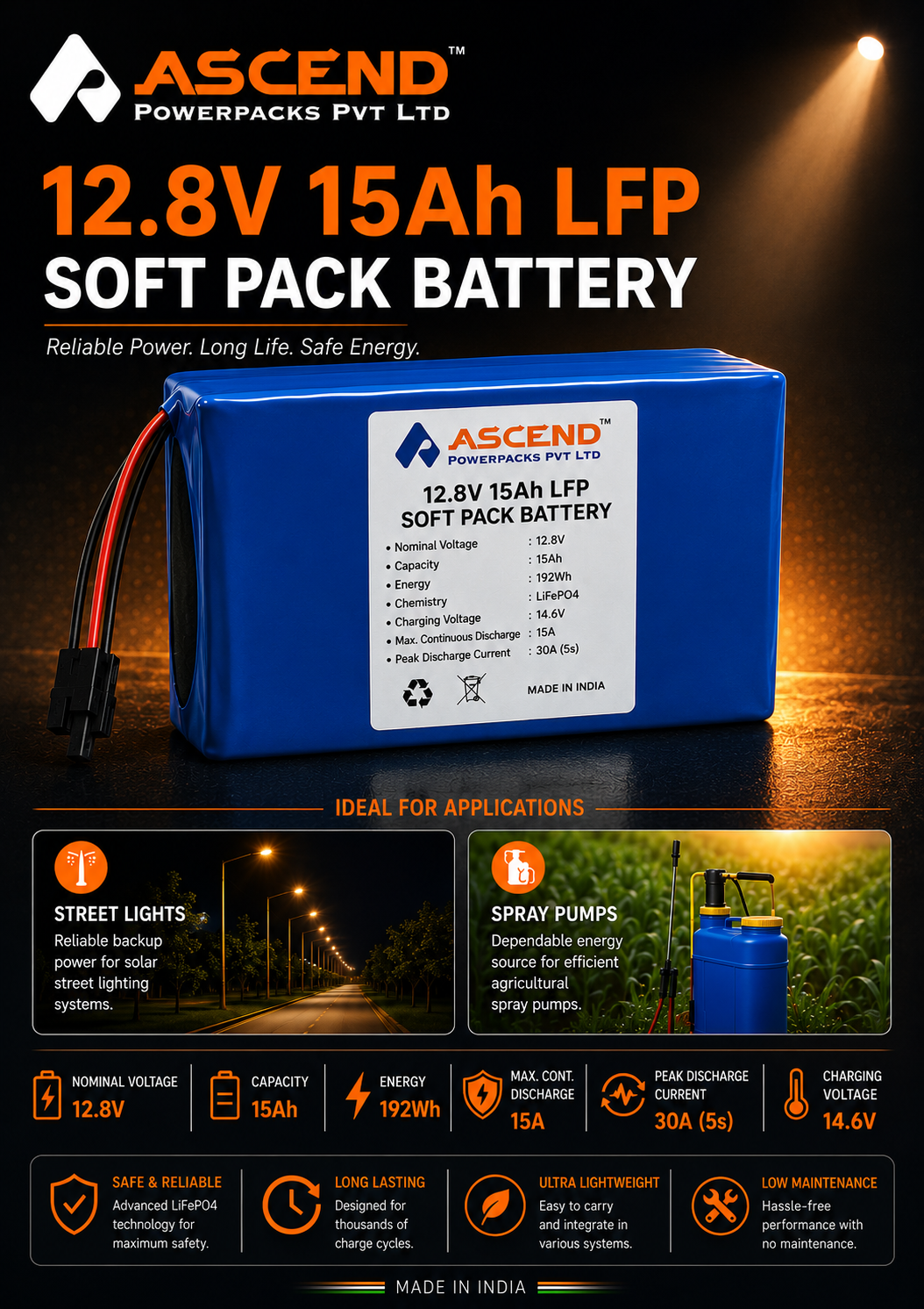 12.8V 15Ah LFP Soft Pack Battery