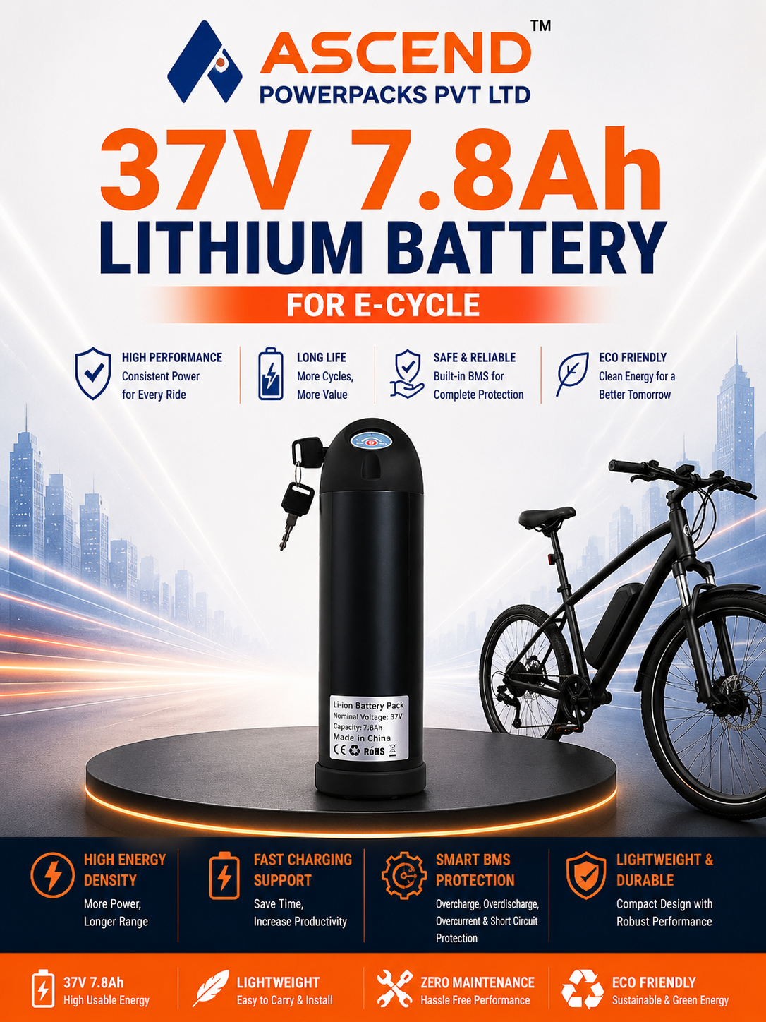 37V 7.8Ah Lithium Battery for E-Cycle
