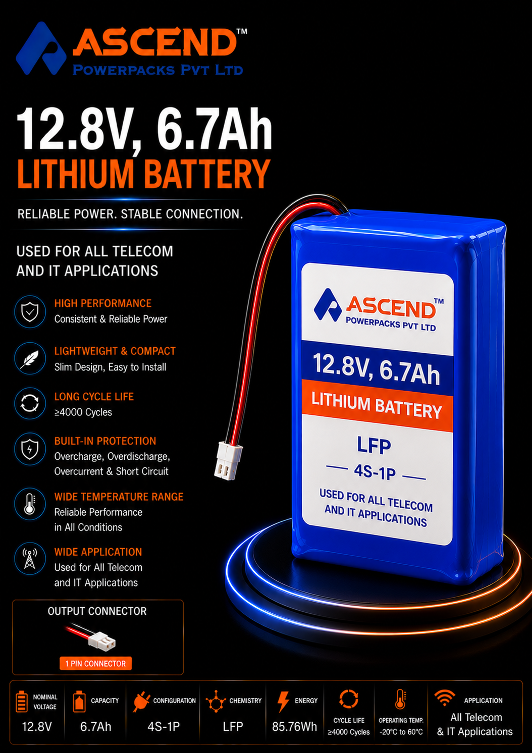 12.8V 6.7Ah LFP Battery Pack