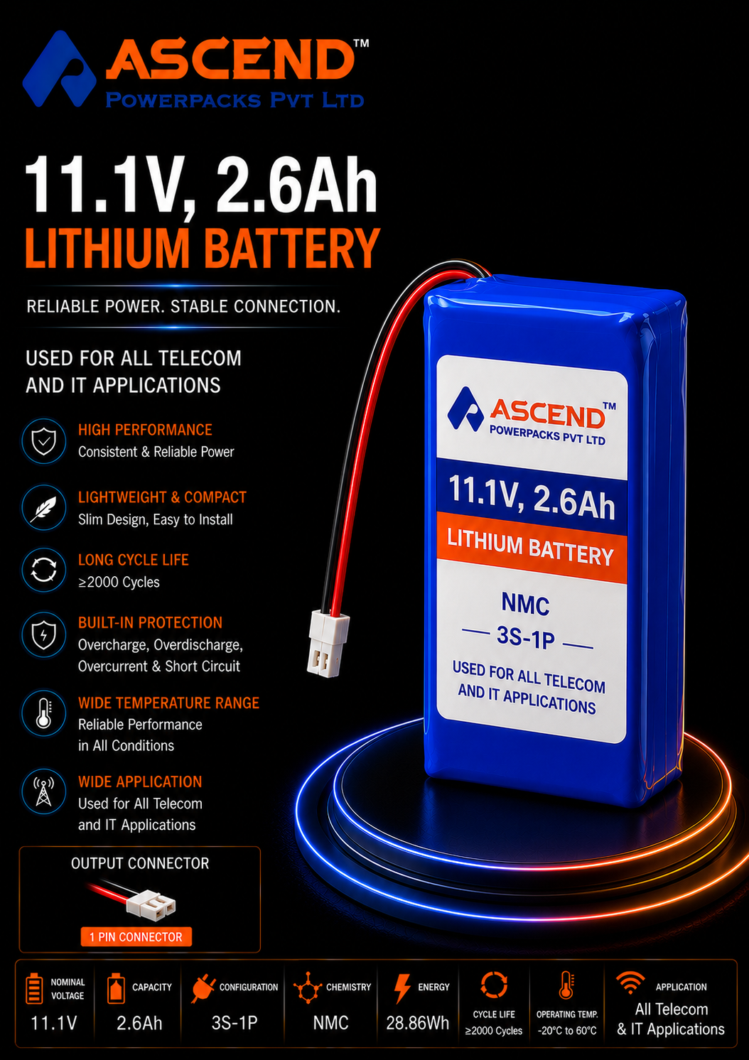 11.1V 2.6Ah NMC Battery Pack