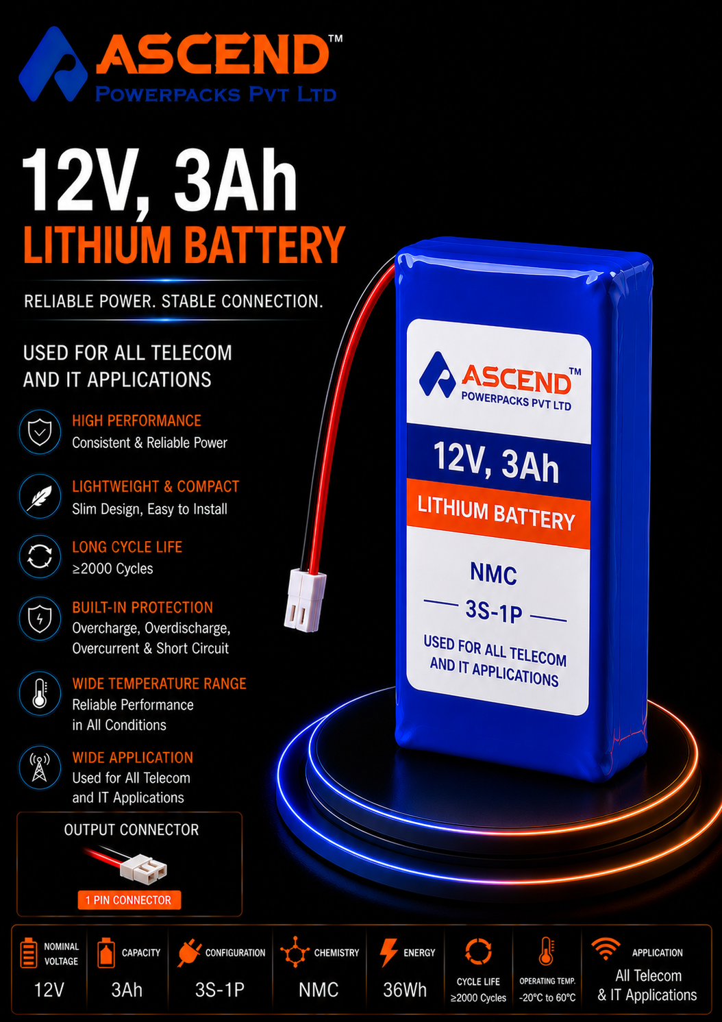 12V 3Ah NMC Battery Pack