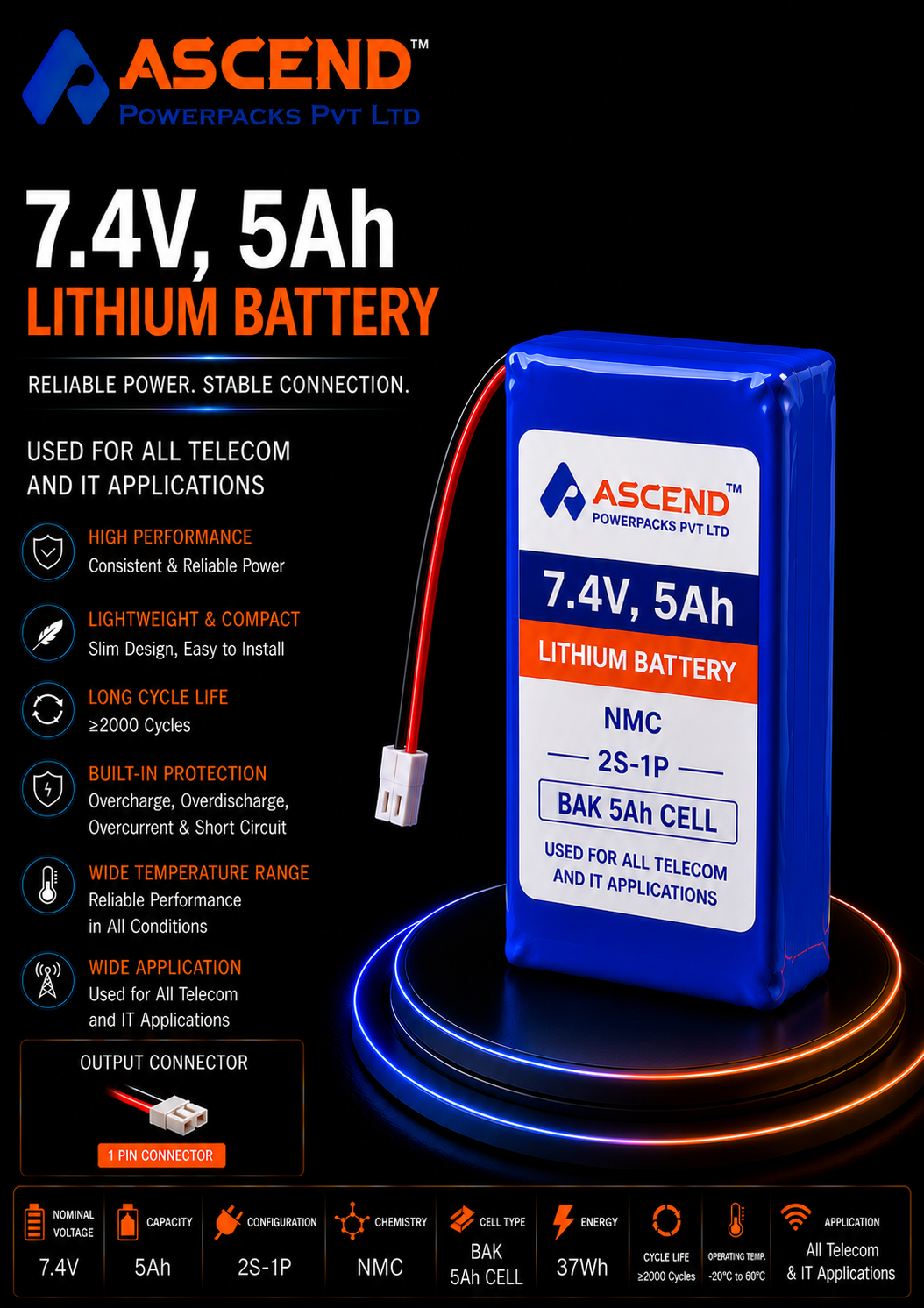 7.4V 5Ah NMC Battery Pack