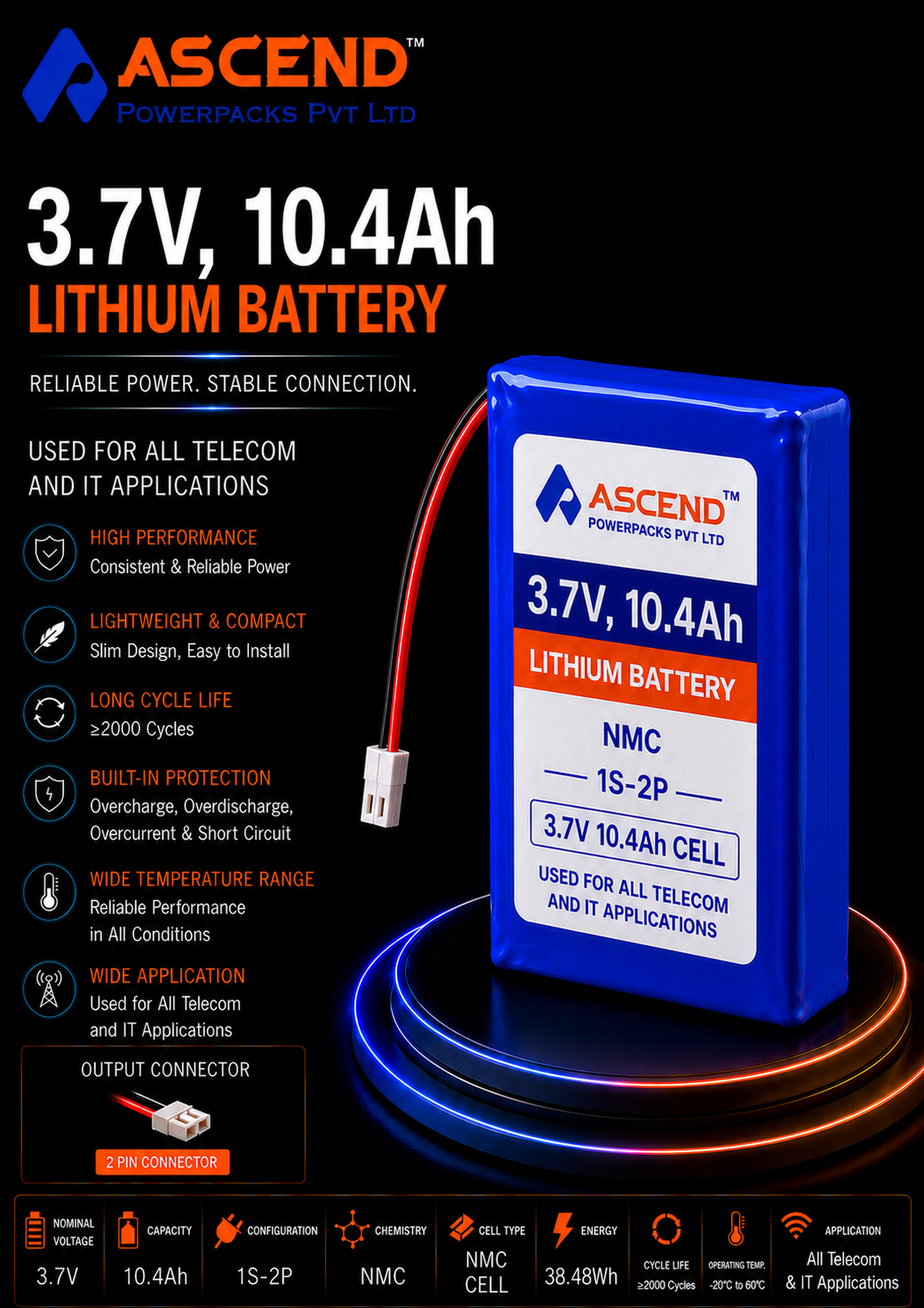 3.7V 10.4Ah NMC Battery Pack